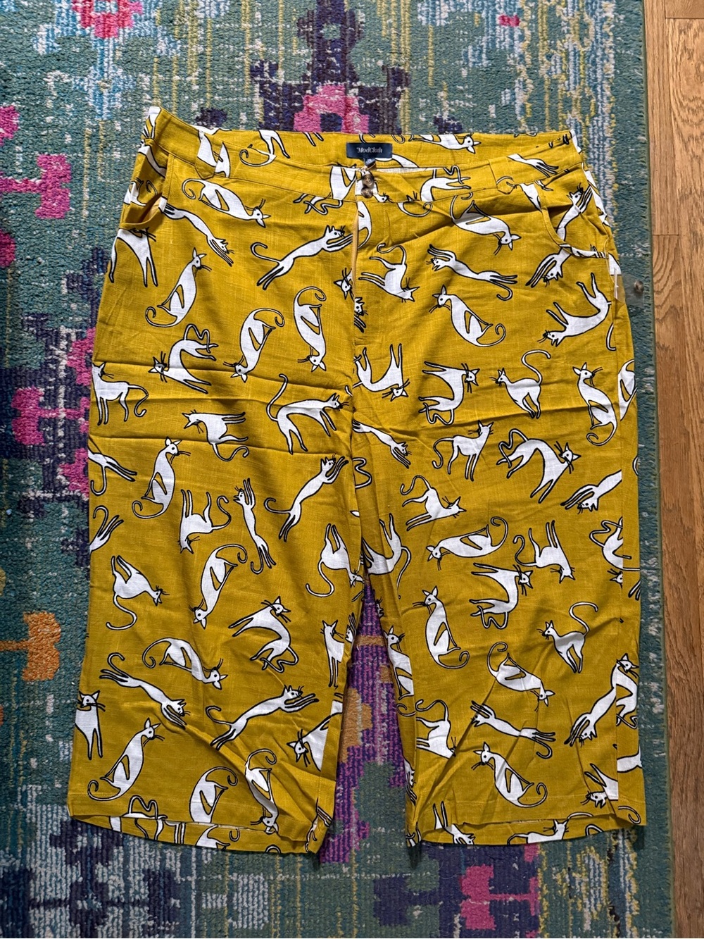 Modcloth Mustard Yellow Cat-Print Linen Wide Leg Crop Pant